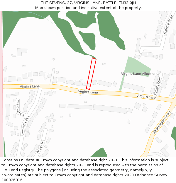 THE SEVENS, 37, VIRGINS LANE, BATTLE, TN33 0JH: Location map and indicative extent of plot