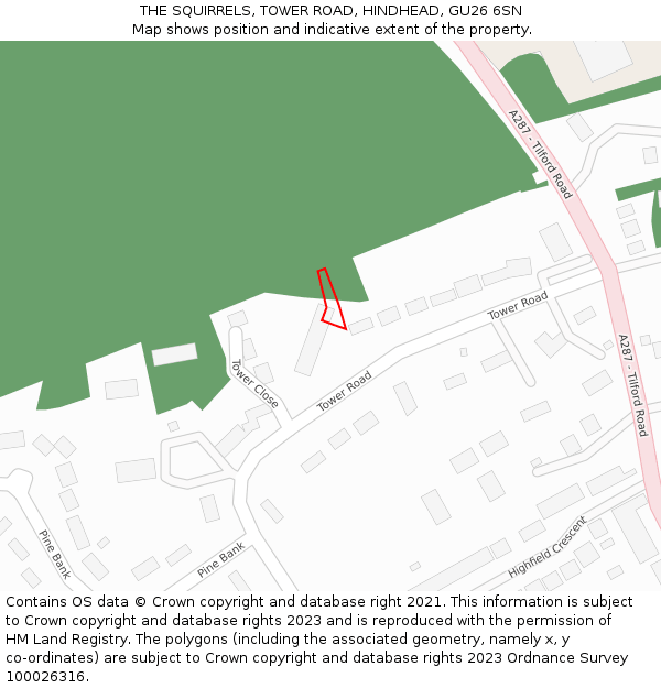 THE SQUIRRELS, TOWER ROAD, HINDHEAD, GU26 6SN: Location map and indicative extent of plot