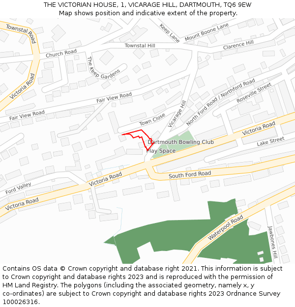 THE VICTORIAN HOUSE, 1, VICARAGE HILL, DARTMOUTH, TQ6 9EW: Location map and indicative extent of plot