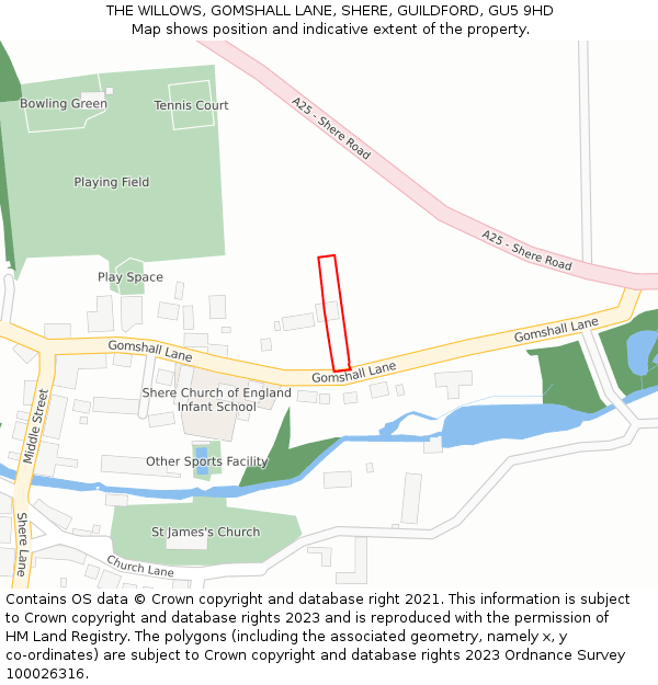 THE WILLOWS, GOMSHALL LANE, SHERE, GUILDFORD, GU5 9HD: Location map and indicative extent of plot