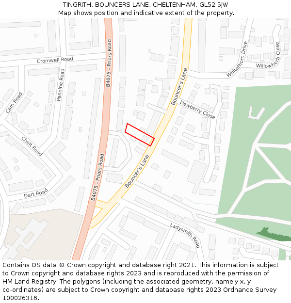 TINGRITH, BOUNCERS LANE, CHELTENHAM, GL52 5JW: Location map and indicative extent of plot