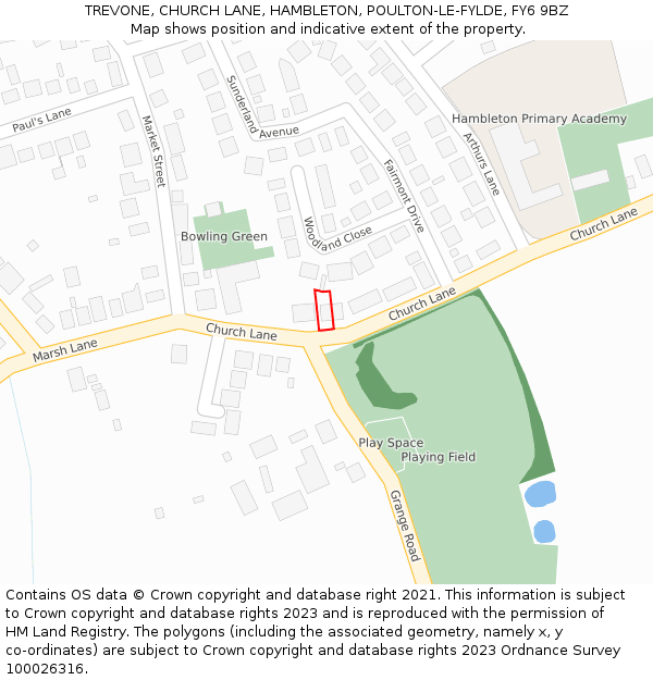 TREVONE, CHURCH LANE, HAMBLETON, POULTON-LE-FYLDE, FY6 9BZ: Location map and indicative extent of plot