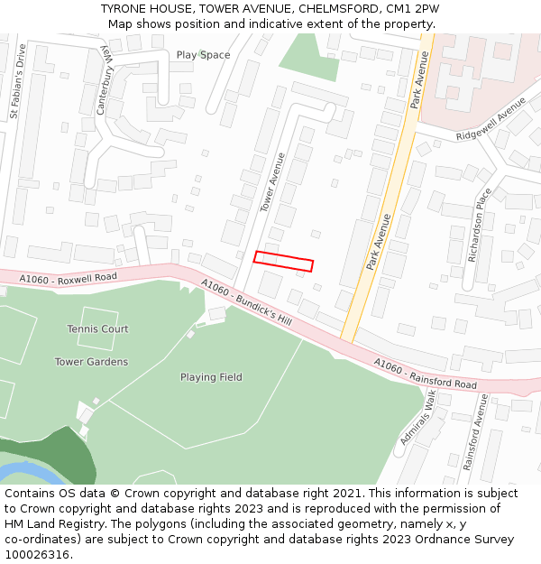 TYRONE HOUSE, TOWER AVENUE, CHELMSFORD, CM1 2PW: Location map and indicative extent of plot