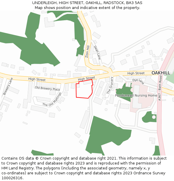 UNDERLEIGH, HIGH STREET, OAKHILL, RADSTOCK, BA3 5AS: Location map and indicative extent of plot