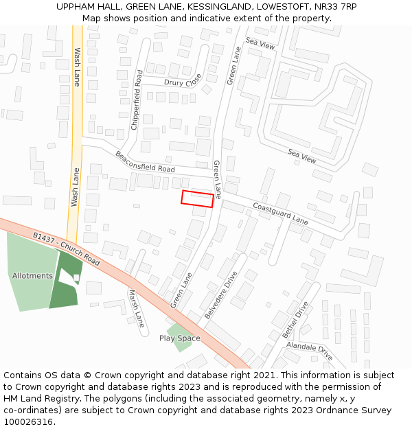 UPPHAM HALL, GREEN LANE, KESSINGLAND, LOWESTOFT, NR33 7RP: Location map and indicative extent of plot