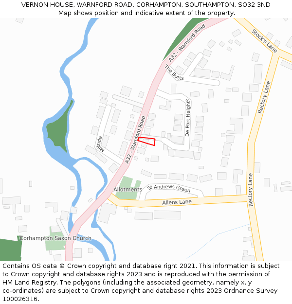 VERNON HOUSE, WARNFORD ROAD, CORHAMPTON, SOUTHAMPTON, SO32 3ND: Location map and indicative extent of plot