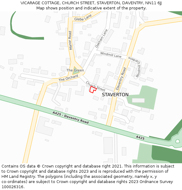 VICARAGE COTTAGE, CHURCH STREET, STAVERTON, DAVENTRY, NN11 6JJ: Location map and indicative extent of plot