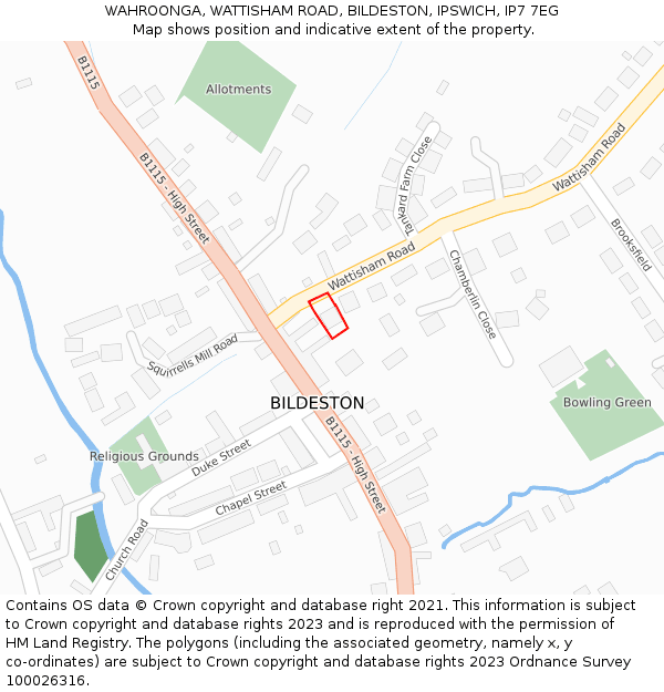 WAHROONGA, WATTISHAM ROAD, BILDESTON, IPSWICH, IP7 7EG: Location map and indicative extent of plot