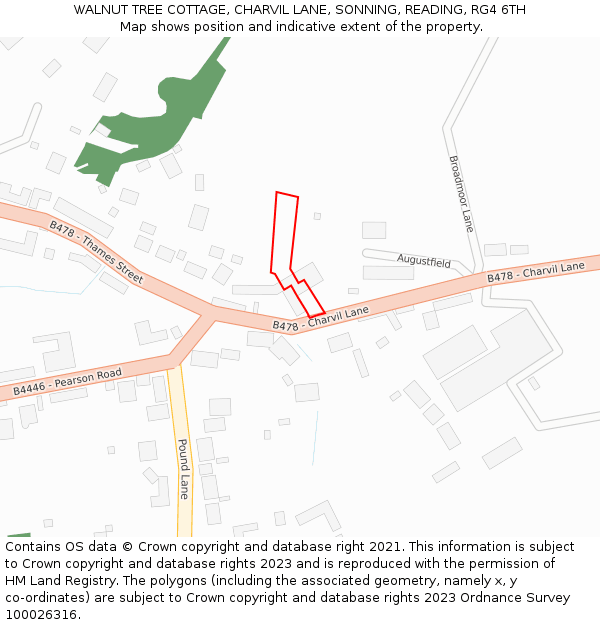 WALNUT TREE COTTAGE, CHARVIL LANE, SONNING, READING, RG4 6TH: Location map and indicative extent of plot