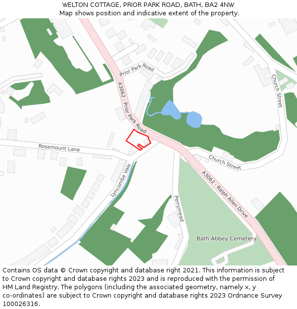 WELTON COTTAGE, PRIOR PARK ROAD, BATH, BA2 4NW: Location map and indicative extent of plot