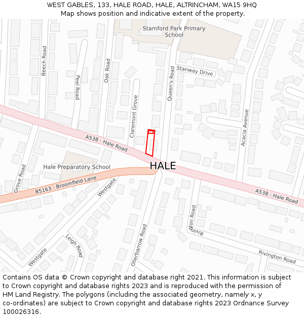 WEST GABLES, 133, HALE ROAD, HALE, ALTRINCHAM, WA15 9HQ: Location map and indicative extent of plot