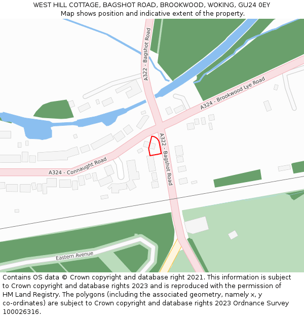WEST HILL COTTAGE, BAGSHOT ROAD, BROOKWOOD, WOKING, GU24 0EY: Location map and indicative extent of plot