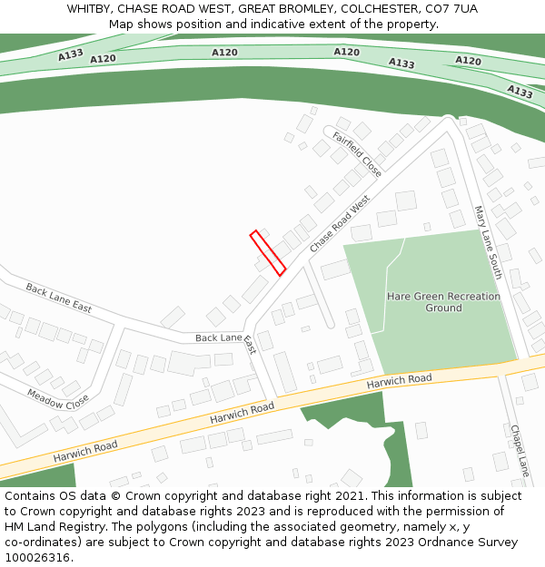 WHITBY, CHASE ROAD WEST, GREAT BROMLEY, COLCHESTER, CO7 7UA: Location map and indicative extent of plot