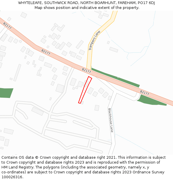 WHYTELEAFE, SOUTHWICK ROAD, NORTH BOARHUNT, FAREHAM, PO17 6DJ: Location map and indicative extent of plot