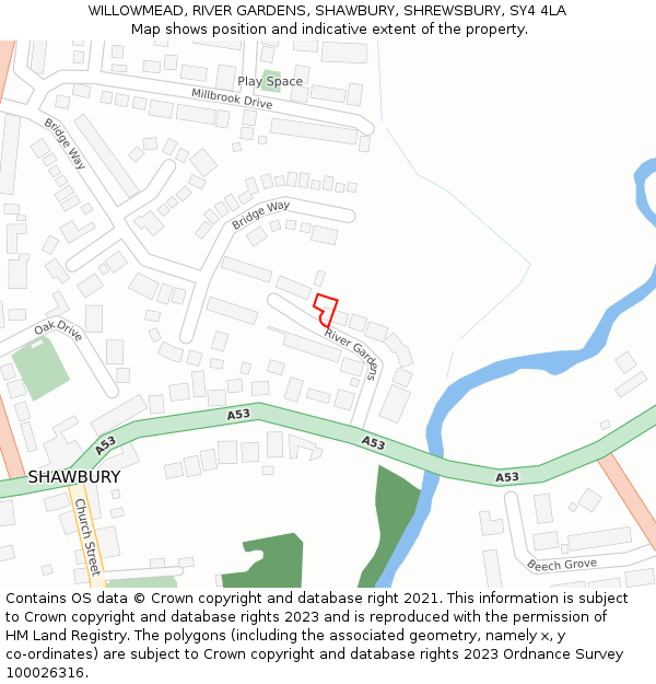 WILLOWMEAD, RIVER GARDENS, SHAWBURY, SHREWSBURY, SY4 4LA: Location map and indicative extent of plot