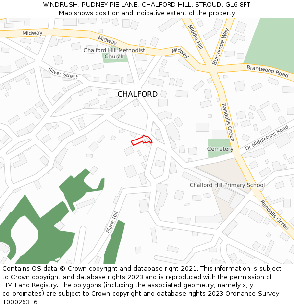 WINDRUSH, PUDNEY PIE LANE, CHALFORD HILL, STROUD, GL6 8FT: Location map and indicative extent of plot