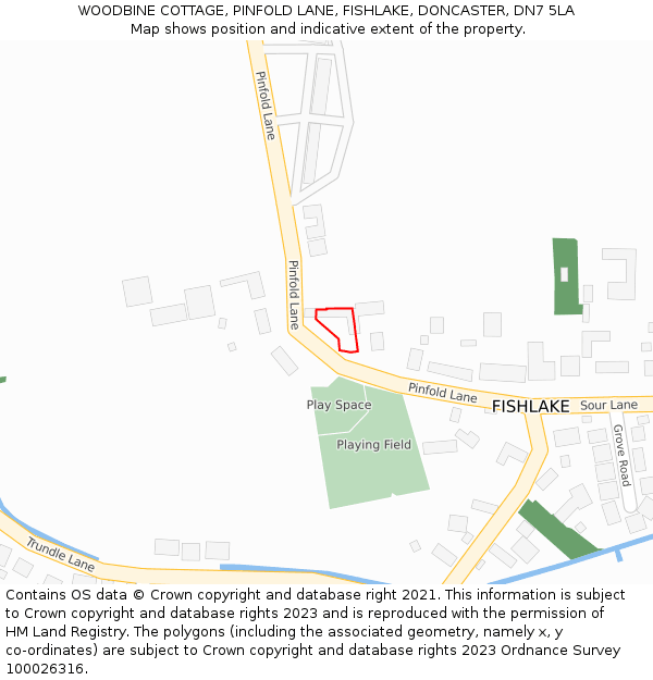 WOODBINE COTTAGE, PINFOLD LANE, FISHLAKE, DONCASTER, DN7 5LA: Location map and indicative extent of plot