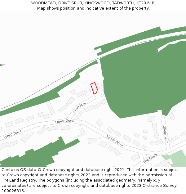 WOODMEAD, DRIVE SPUR, KINGSWOOD, TADWORTH, KT20 6LR: Location map and indicative extent of plot