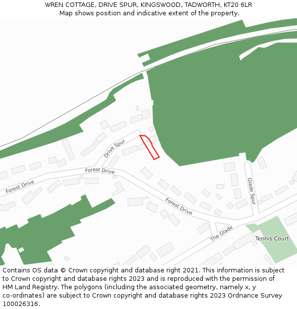 WREN COTTAGE, DRIVE SPUR, KINGSWOOD, TADWORTH, KT20 6LR: Location map and indicative extent of plot