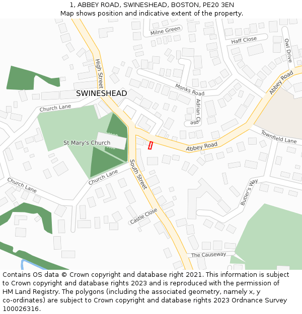 1, ABBEY ROAD, SWINESHEAD, BOSTON, PE20 3EN: Location map and indicative extent of plot