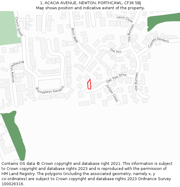 1, ACACIA AVENUE, NEWTON, PORTHCAWL, CF36 5BJ: Location map and indicative extent of plot