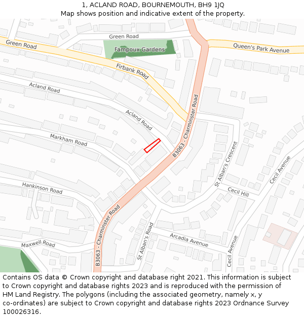 1, ACLAND ROAD, BOURNEMOUTH, BH9 1JQ: Location map and indicative extent of plot