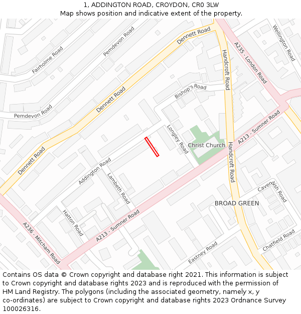 1, ADDINGTON ROAD, CROYDON, CR0 3LW: Location map and indicative extent of plot