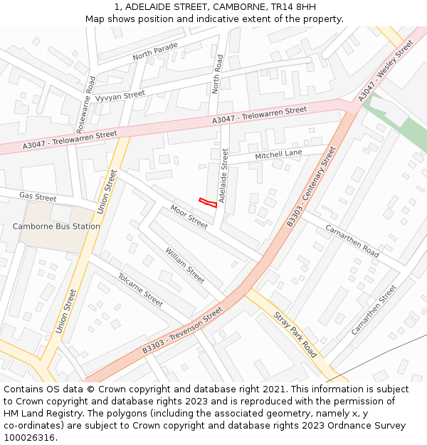 1, ADELAIDE STREET, CAMBORNE, TR14 8HH: Location map and indicative extent of plot