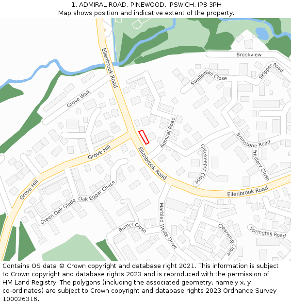 1, ADMIRAL ROAD, PINEWOOD, IPSWICH, IP8 3PH: Location map and indicative extent of plot
