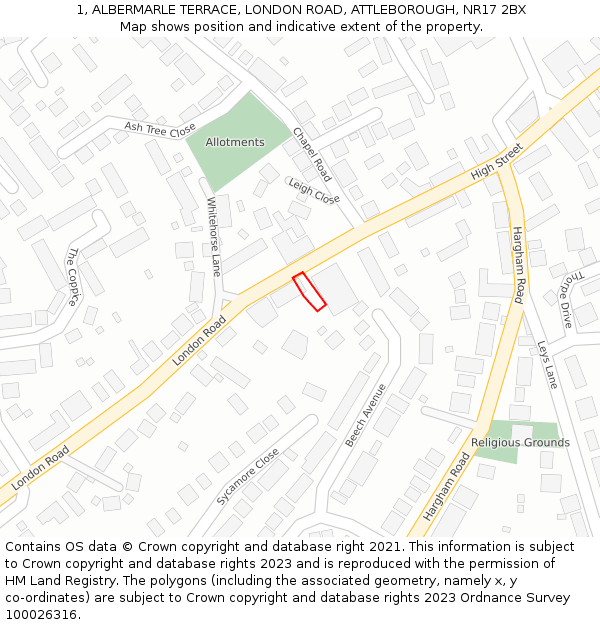 1, ALBERMARLE TERRACE, LONDON ROAD, ATTLEBOROUGH, NR17 2BX: Location map and indicative extent of plot
