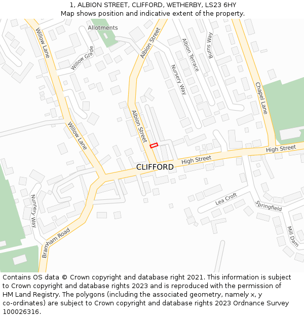 1, ALBION STREET, CLIFFORD, WETHERBY, LS23 6HY: Location map and indicative extent of plot