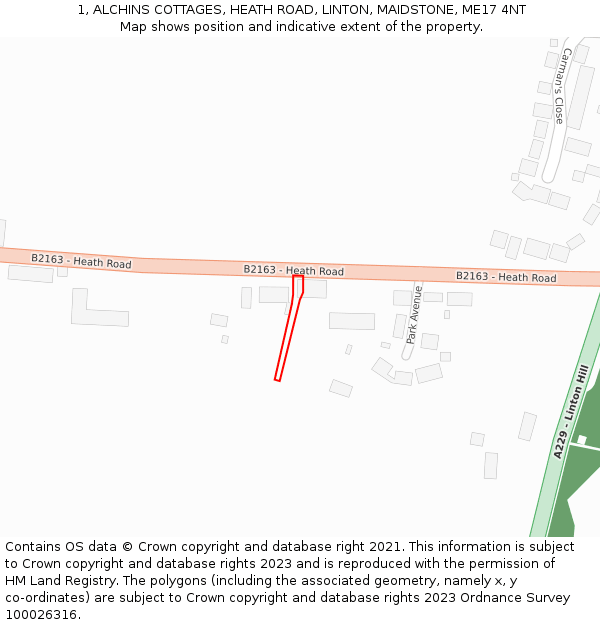 1, ALCHINS COTTAGES, HEATH ROAD, LINTON, MAIDSTONE, ME17 4NT: Location map and indicative extent of plot