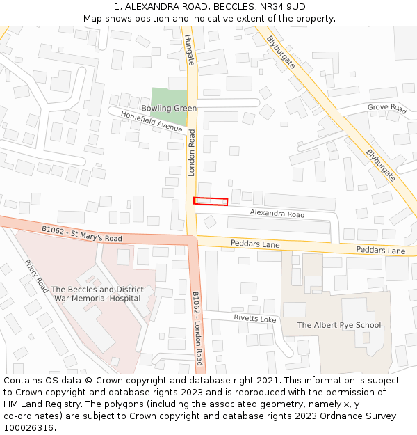 1, ALEXANDRA ROAD, BECCLES, NR34 9UD: Location map and indicative extent of plot