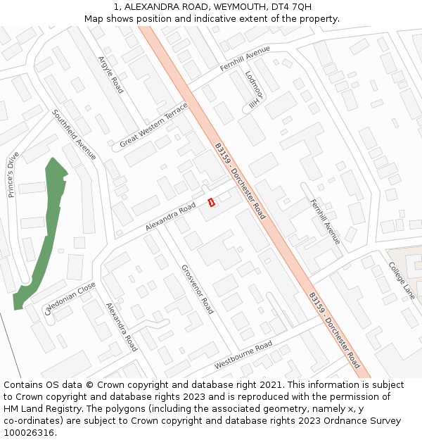 1, ALEXANDRA ROAD, WEYMOUTH, DT4 7QH: Location map and indicative extent of plot