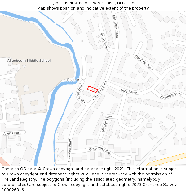 1, ALLENVIEW ROAD, WIMBORNE, BH21 1AT: Location map and indicative extent of plot