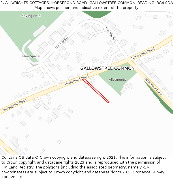 1, ALLWRIGHTS COTTAGES, HORSEPOND ROAD, GALLOWSTREE COMMON, READING, RG4 9DA: Location map and indicative extent of plot