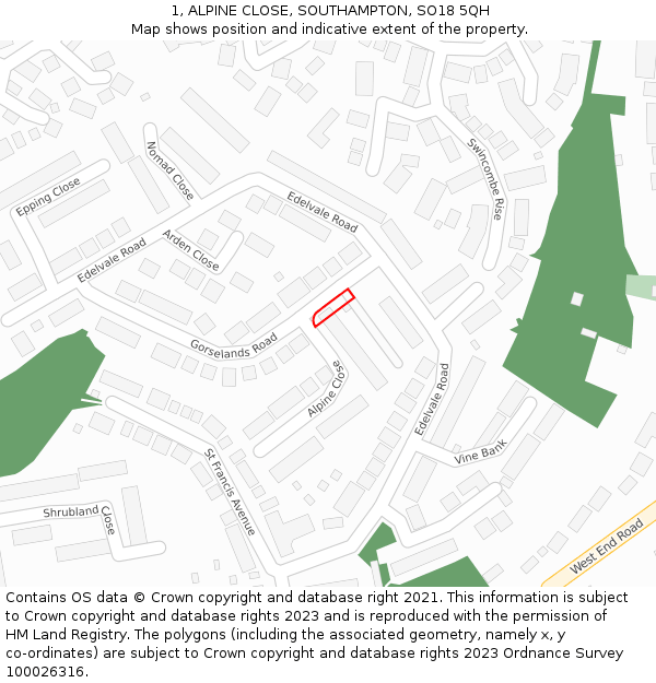 1, ALPINE CLOSE, SOUTHAMPTON, SO18 5QH: Location map and indicative extent of plot