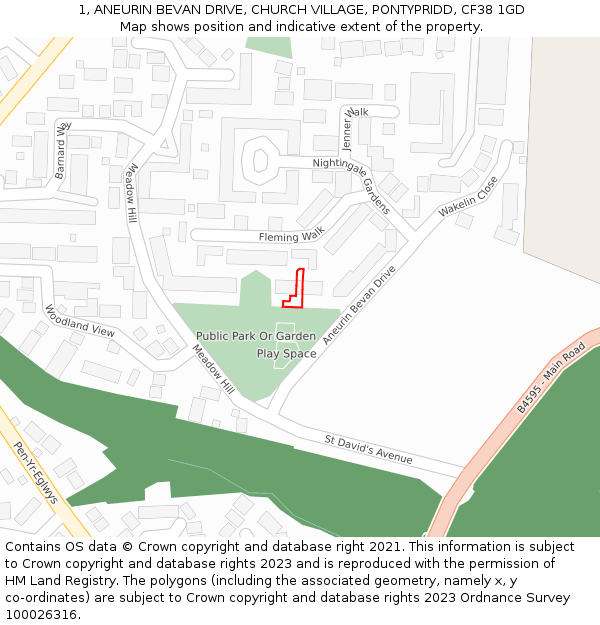 1, ANEURIN BEVAN DRIVE, CHURCH VILLAGE, PONTYPRIDD, CF38 1GD: Location map and indicative extent of plot
