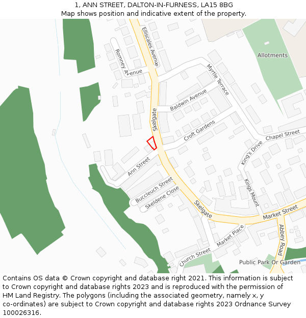 1, ANN STREET, DALTON-IN-FURNESS, LA15 8BG: Location map and indicative extent of plot