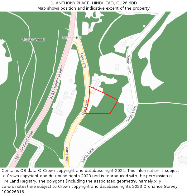 1, ANTHONY PLACE, HINDHEAD, GU26 6BD: Location map and indicative extent of plot