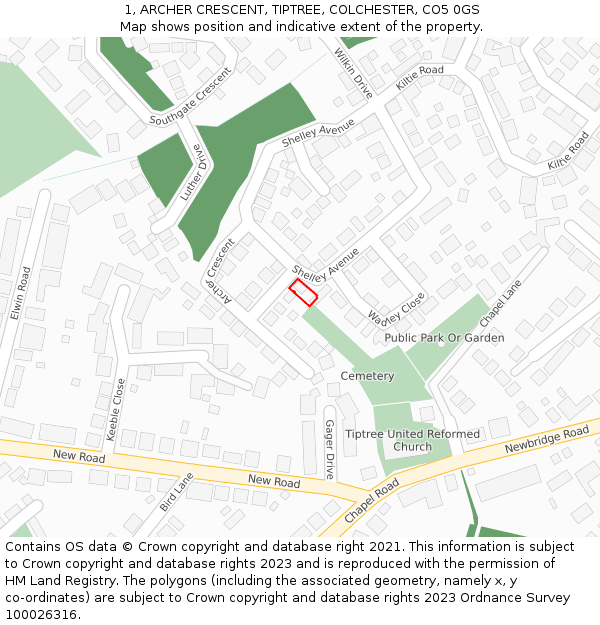 1, ARCHER CRESCENT, TIPTREE, COLCHESTER, CO5 0GS: Location map and indicative extent of plot