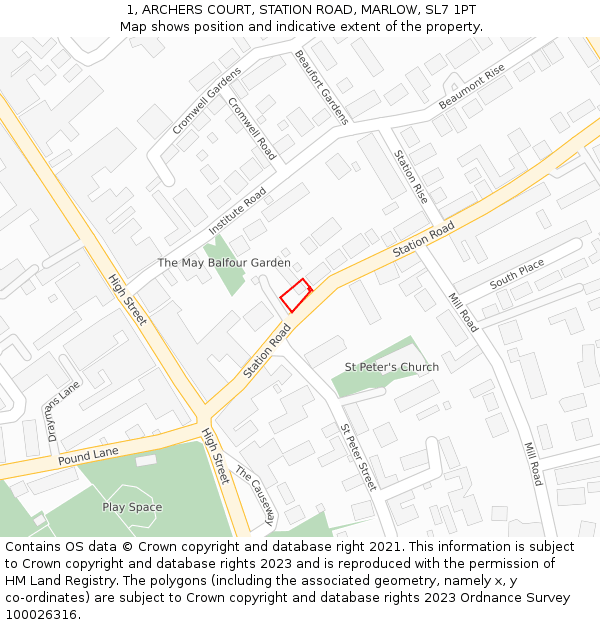 1, ARCHERS COURT, STATION ROAD, MARLOW, SL7 1PT: Location map and indicative extent of plot