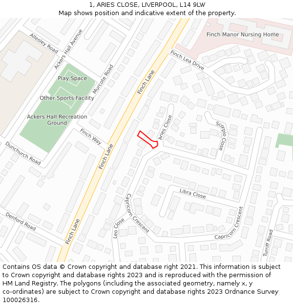 1, ARIES CLOSE, LIVERPOOL, L14 9LW: Location map and indicative extent of plot