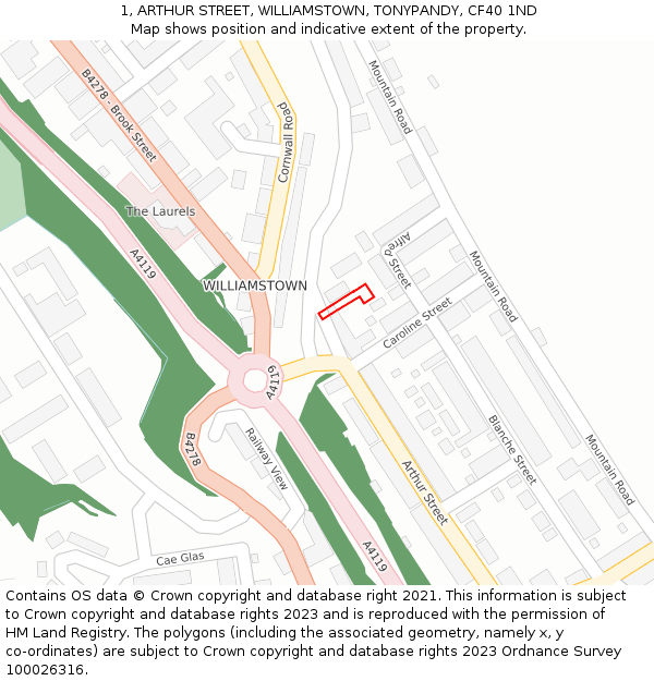 1, ARTHUR STREET, WILLIAMSTOWN, TONYPANDY, CF40 1ND: Location map and indicative extent of plot