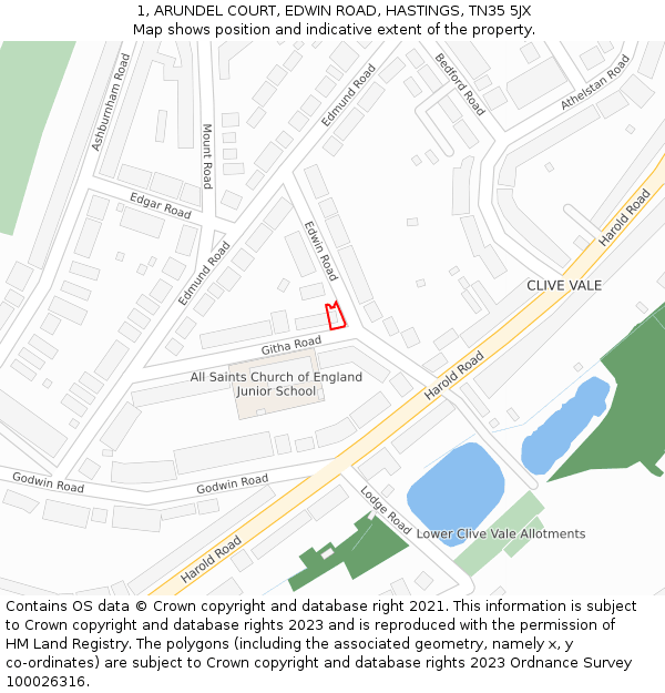 1, ARUNDEL COURT, EDWIN ROAD, HASTINGS, TN35 5JX: Location map and indicative extent of plot