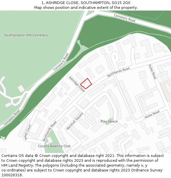 1, ASHRIDGE CLOSE, SOUTHAMPTON, SO15 2GX: Location map and indicative extent of plot