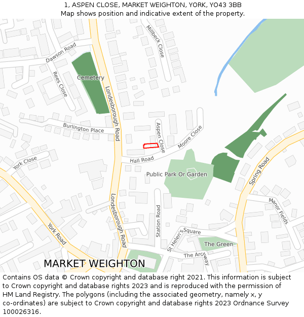 1, ASPEN CLOSE, MARKET WEIGHTON, YORK, YO43 3BB: Location map and indicative extent of plot