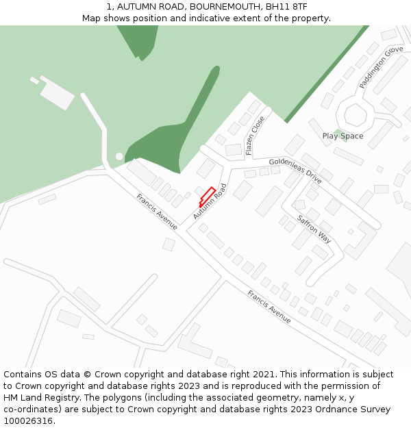1, AUTUMN ROAD, BOURNEMOUTH, BH11 8TF: Location map and indicative extent of plot