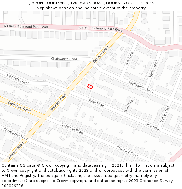 1, AVON COURTYARD, 120, AVON ROAD, BOURNEMOUTH, BH8 8SF: Location map and indicative extent of plot