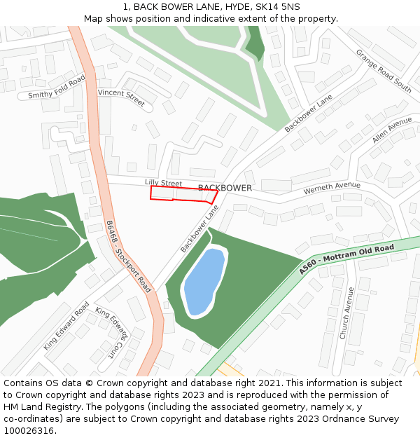 1, BACK BOWER LANE, HYDE, SK14 5NS: Location map and indicative extent of plot